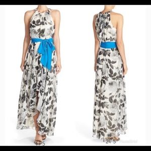 Eliza J NWT black/white rose print dress, high-low, ties at neck & waist, size 6